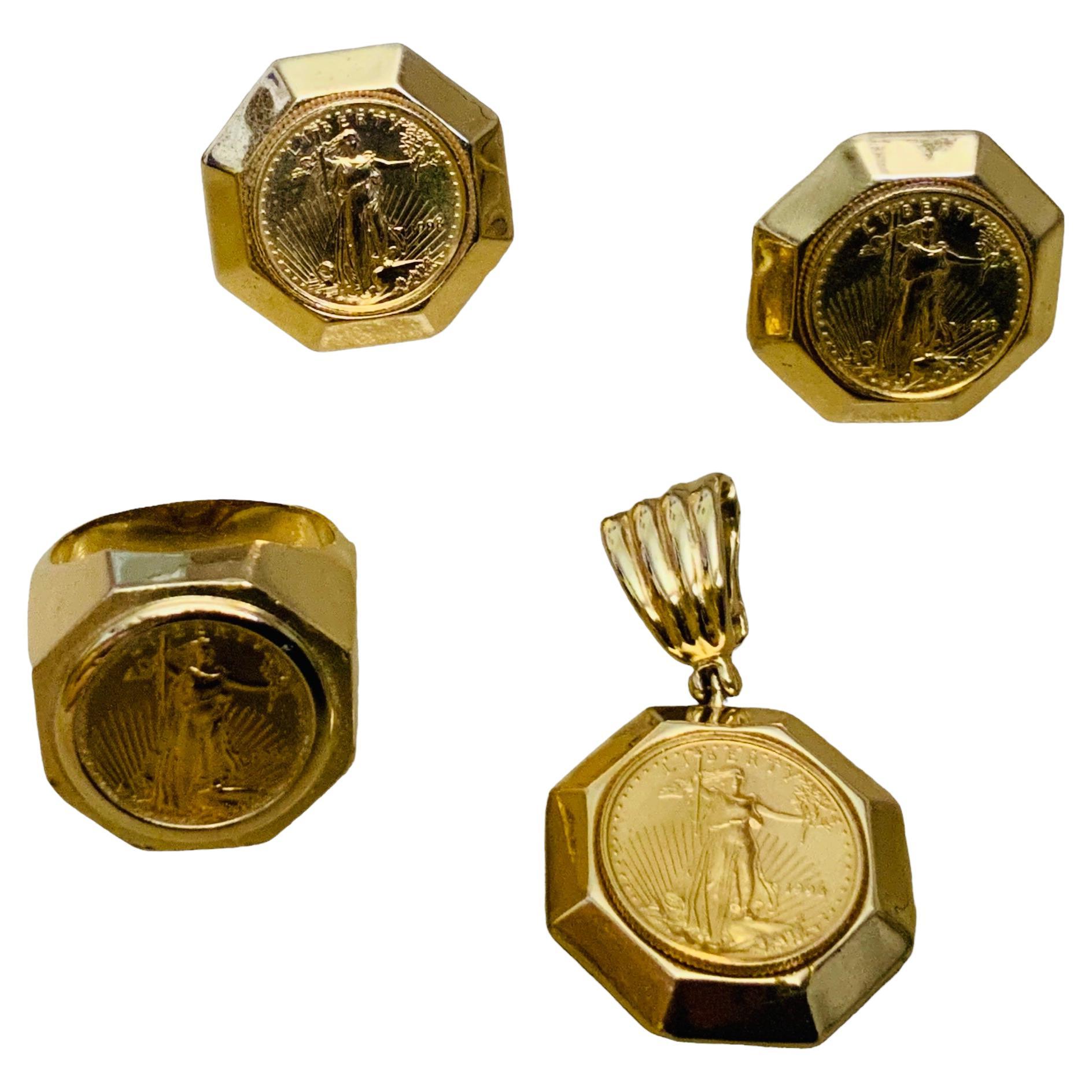 14K Gold Buillon Coins Set Of Pendant, Pair Of Earrings And Ring For Sale