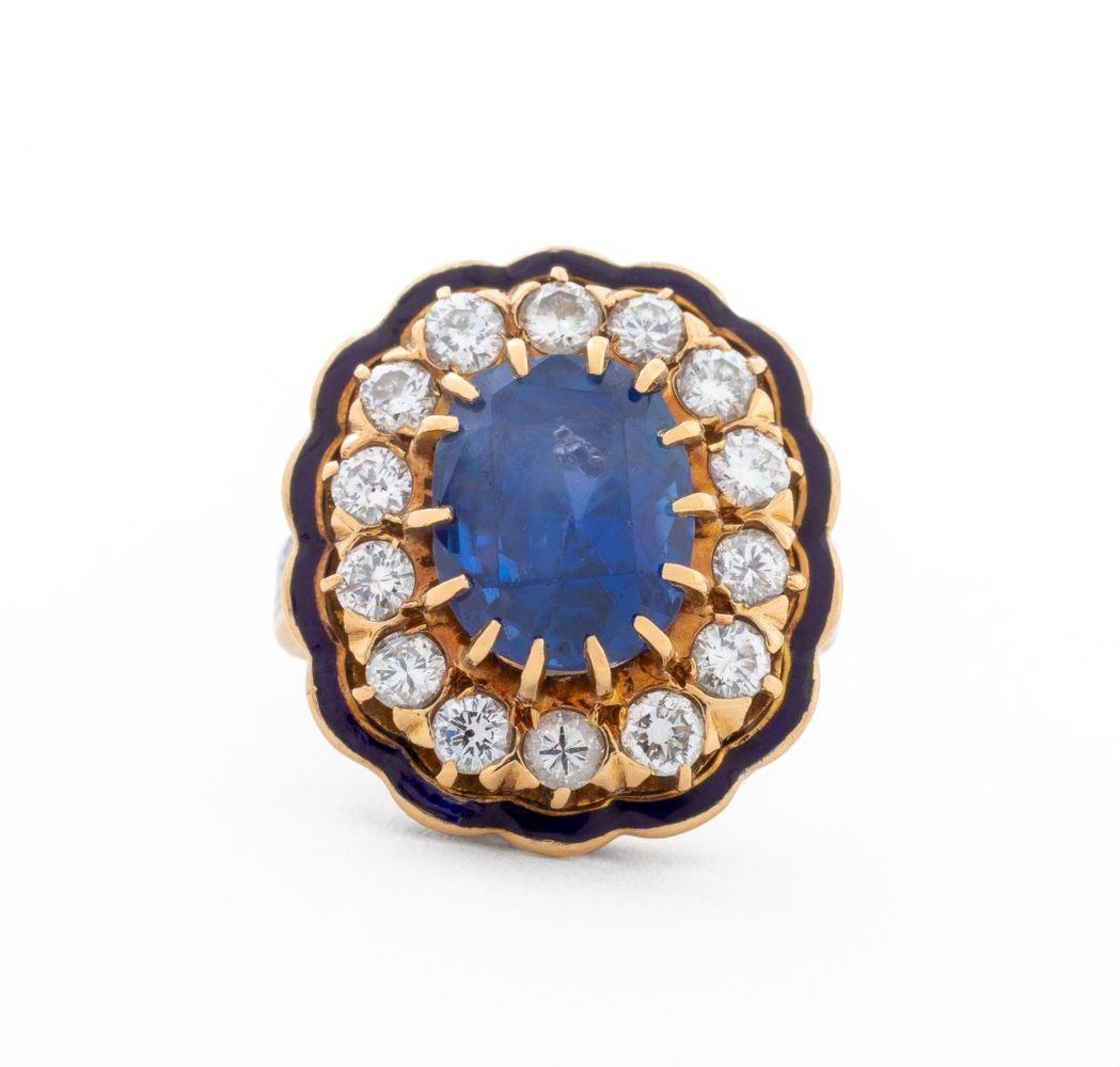 Taille mixte Bague en or 14K saphir de Birmanie diamant émaillé, AGL en vente