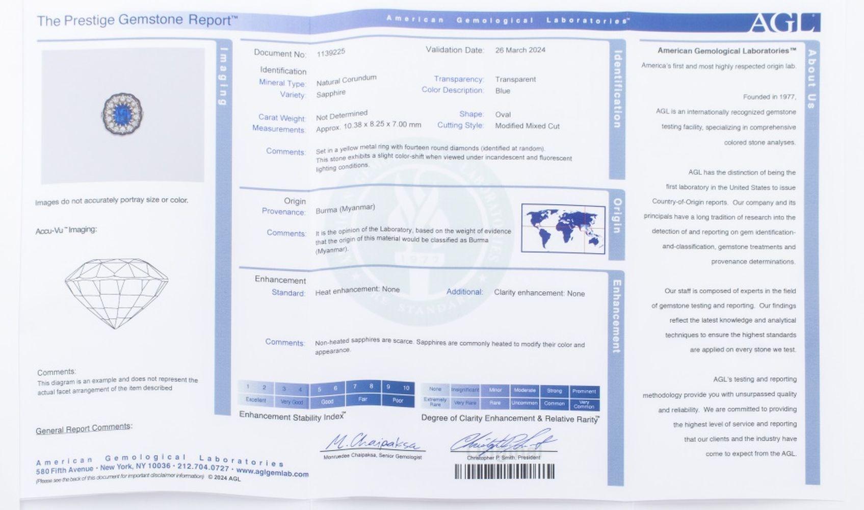 Bague en or 14K saphir de Birmanie diamant émaillé, AGL en vente 2