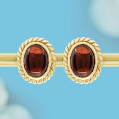14K Gold Cabochon Garnet Vintage Style Oval Stud Earrings