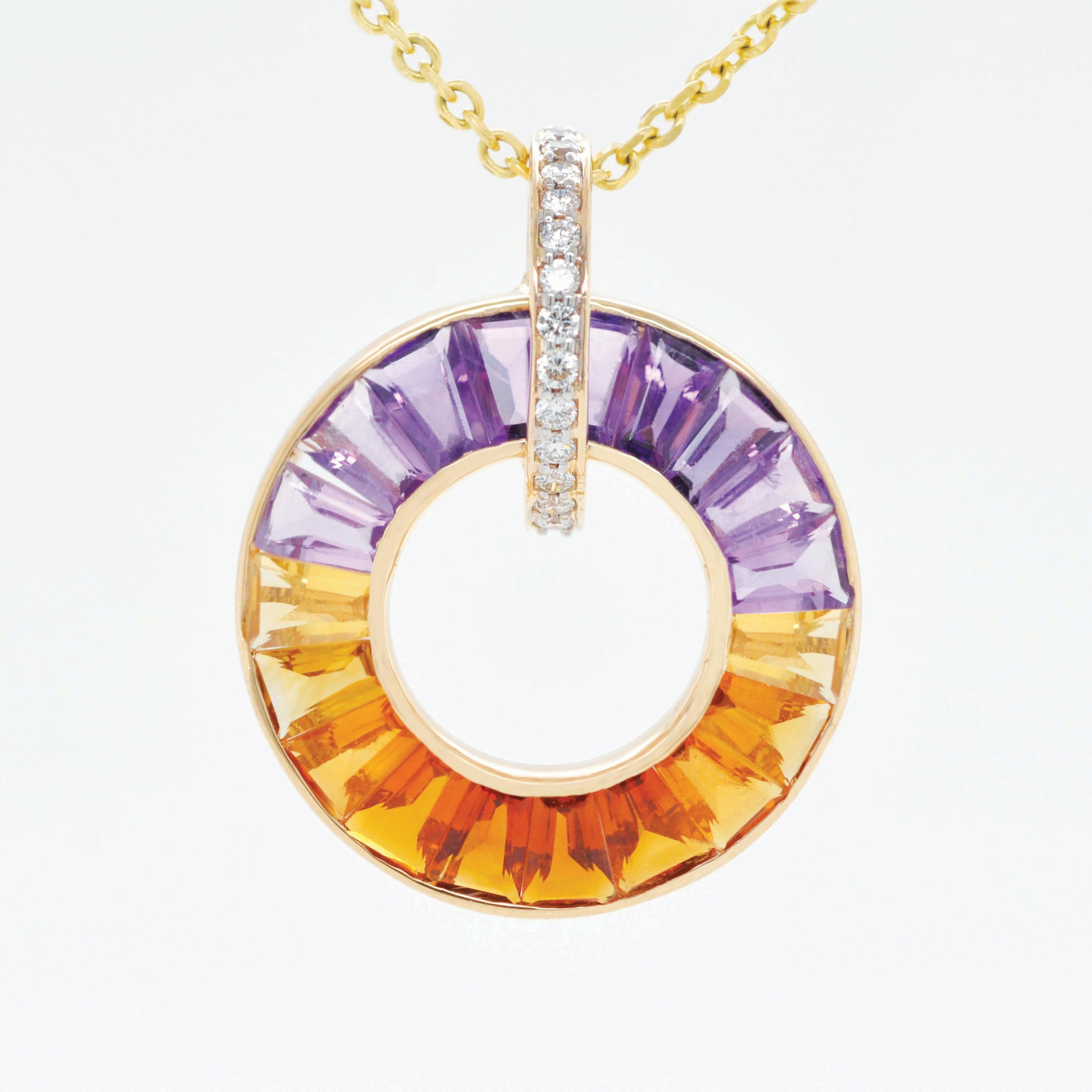 Collana con ciondolo in oro 14K con gemme ametrine taglio baguette e incastro a canale In condizioni Nuovo in vendita a Jaipur, Rajasthan