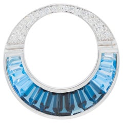 14K Gold Calibre Cut Gradient Blue Topaz Baguette Diamond Pendant Brooch