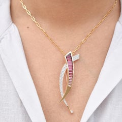 Or 14K Calibre Cut Pink Tourmaline Baguette Diamond Designer Brooch Pendentif