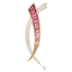 14K Gold Calibre Cut Pink Tourmaline Baguette Diamond Designer Brooch Pendant