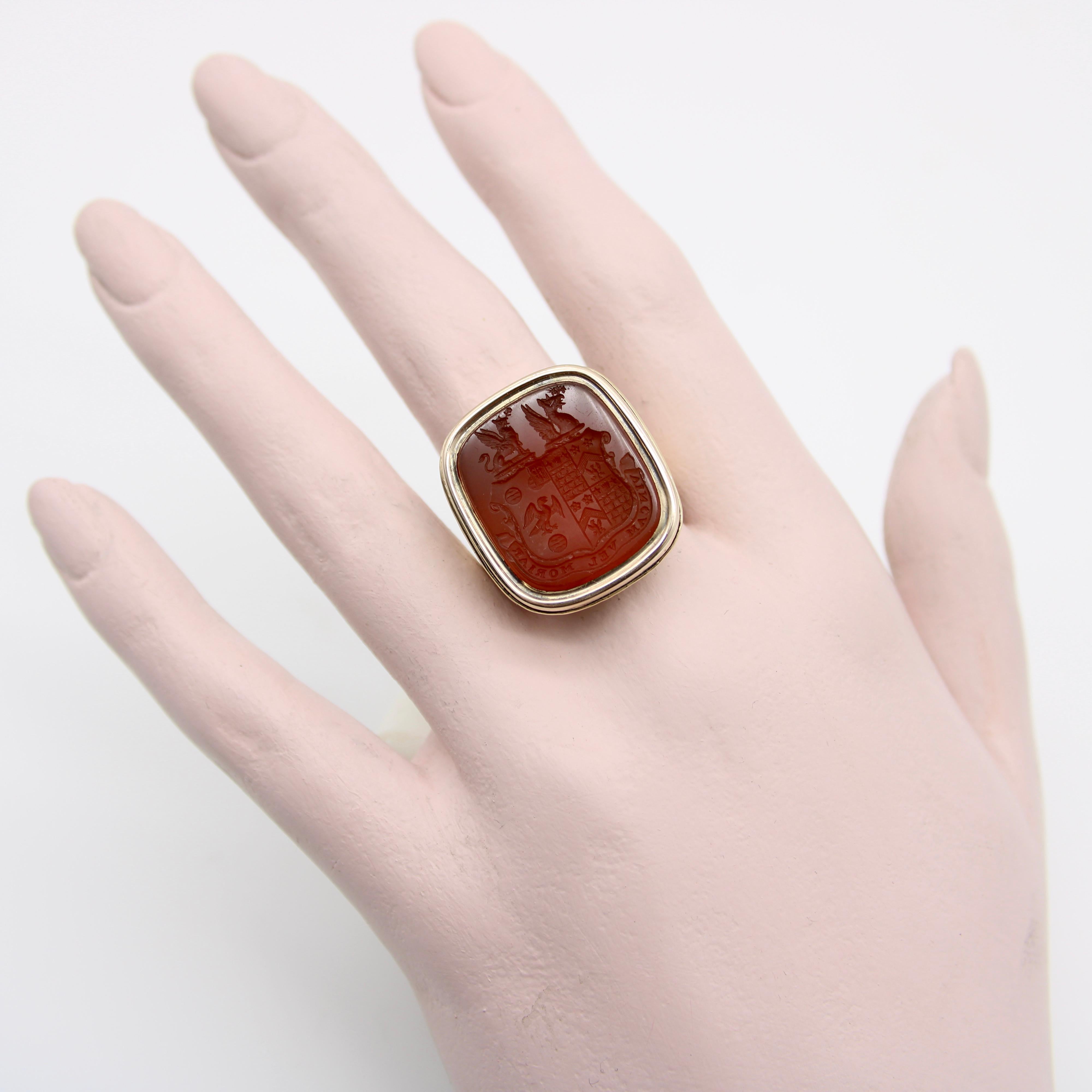 Cabochon 14K Gold Carnelian Intaglio Signet Ring M’Dowall Family Crest 