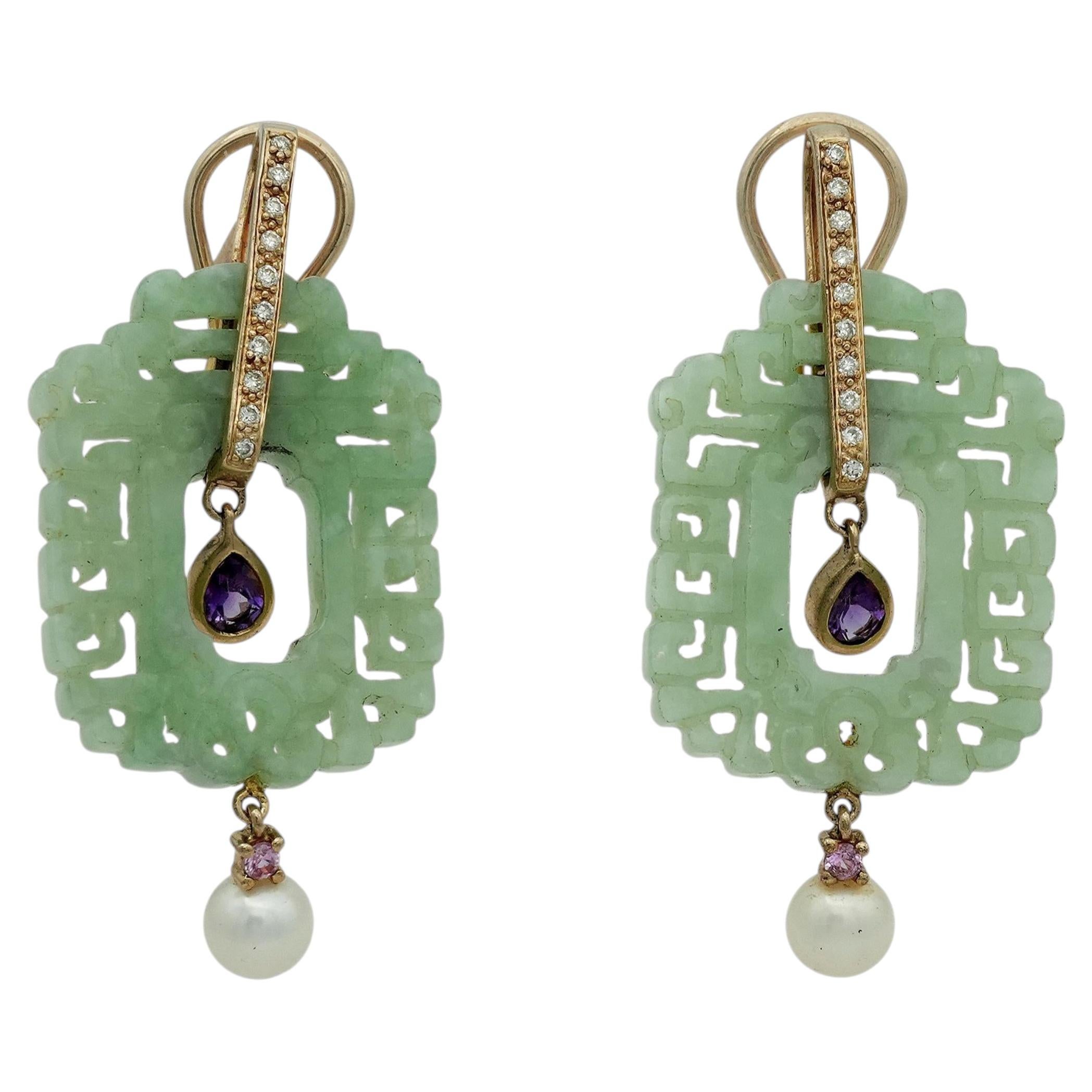 14K Gold Carved Green Jade Multi-Gemstone Pearl Drop Earrings