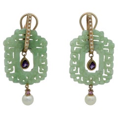 14K Gold Carved Green Jade Multi-Gemstone Pearl Drop Earrings