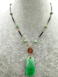 14K Yellow Gold Carved Jade Pendant Necklace with Enamel Links and Jade Beads