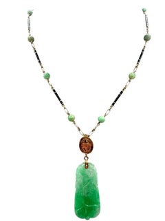 14K Gold Carved Jade Pendant Necklace with Enamel Links and Jade Beads