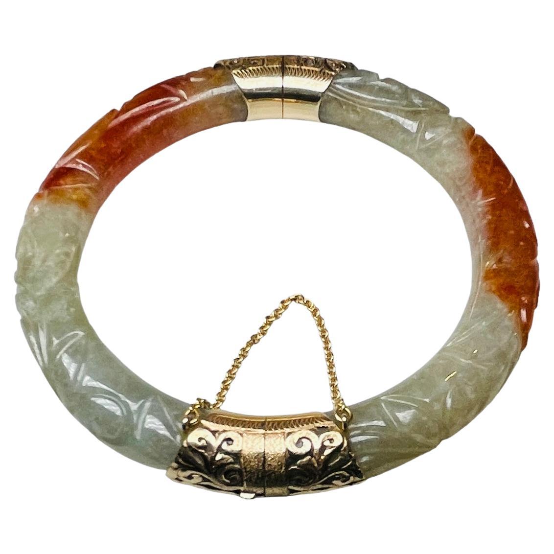 14K Gold Carved Jadeite Jade Bracelet 