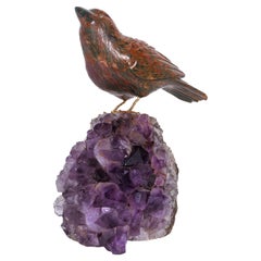14K Gold, Carved Jasper Bird on an Amethyst Rock Geode