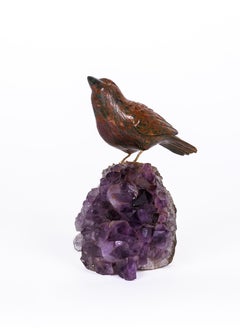 14K Gold, Carved Jasper Bird on an Amethyst Rock Geode
