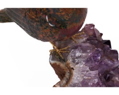 14K Gold, Carved Jasper Bird on an Amethyst Rock Geode