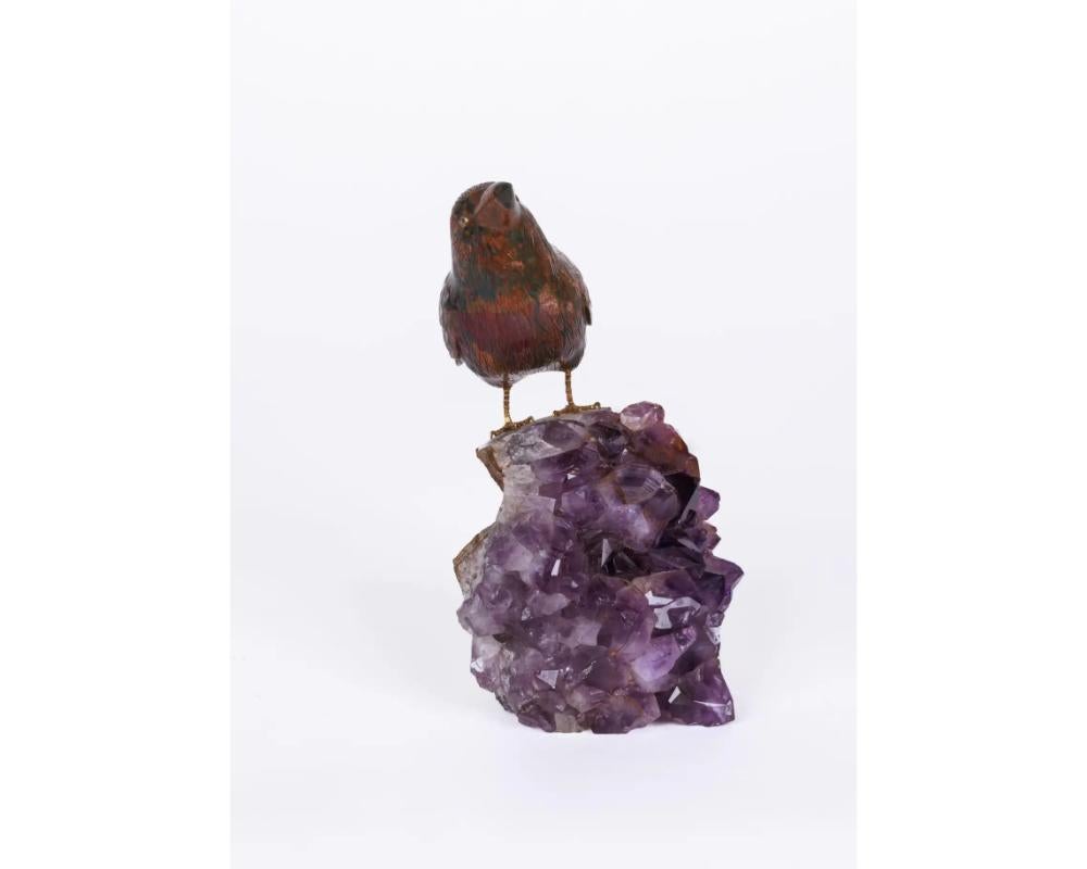 19th Century 14K Gold, Carved Jasper Bird on an Amethyst Rock Geode For Sale