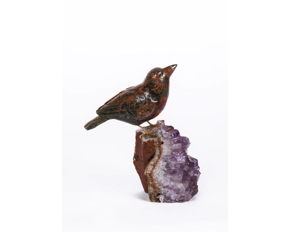 14K Gold, Carved Jasper Bird on an Amethyst Rock Geode For Sale 1