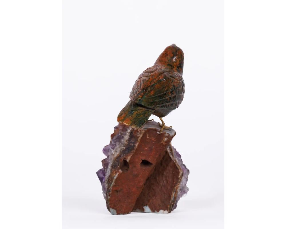 14K Gold, Carved Jasper Bird on an Amethyst Rock Geode For Sale 2