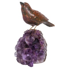 14K Gold, Carved Jasper Bird on an Amethyst Rock Geode