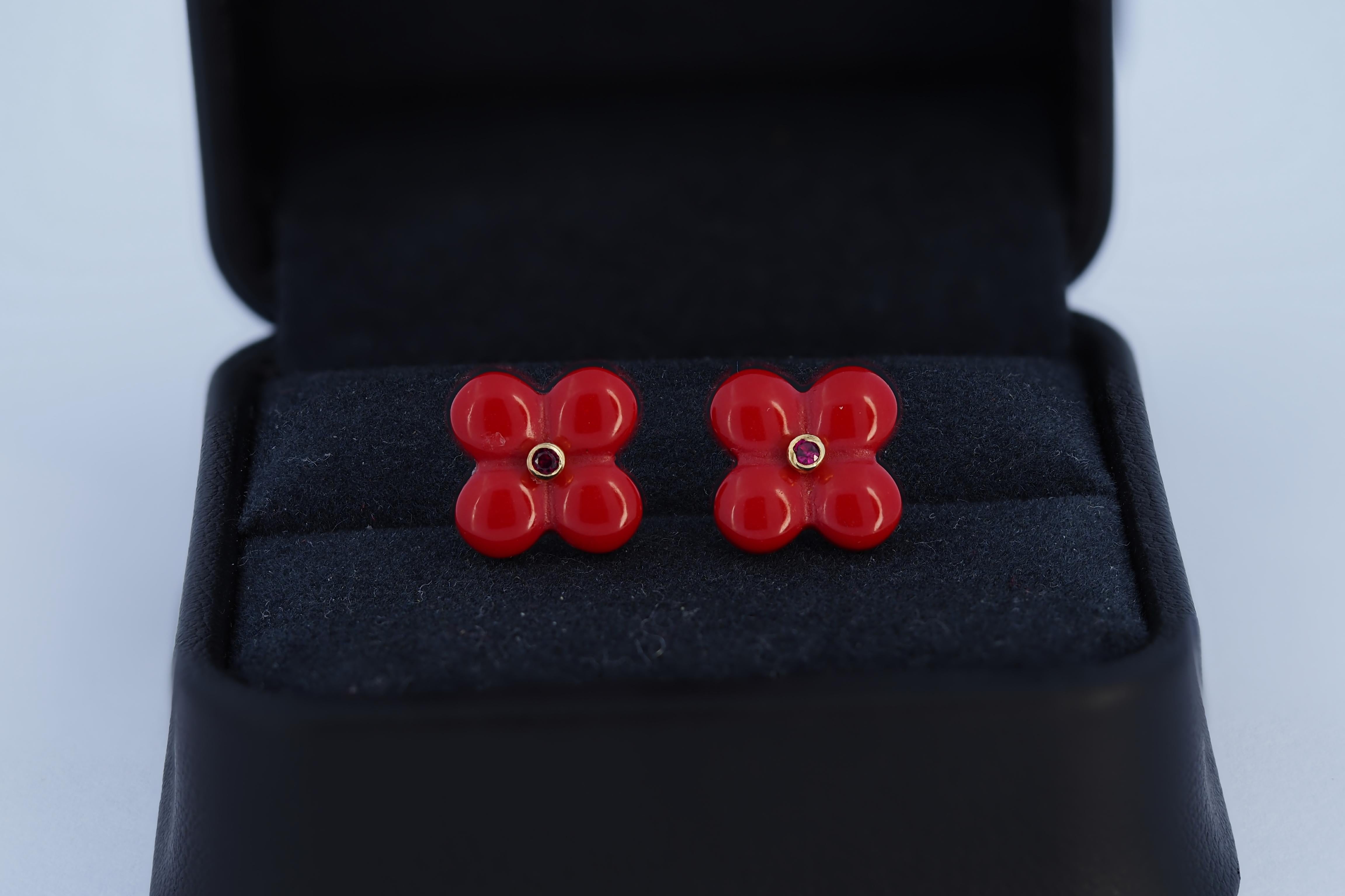 14k gold carved red coral of pearl flower earrings studs. For Sale 1