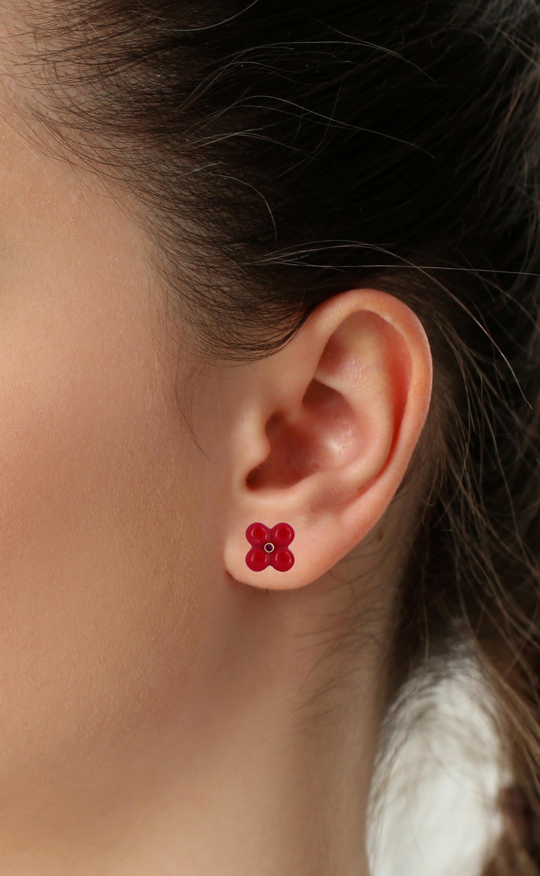 14k gold carved red coral of pearl flower earrings studs. For Sale 2