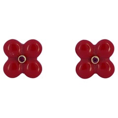 14k gold carved red coral of pearl flower earrings studs.