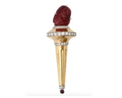 14K Gold Carved Ruby Diamonds Torch Figural Brooch