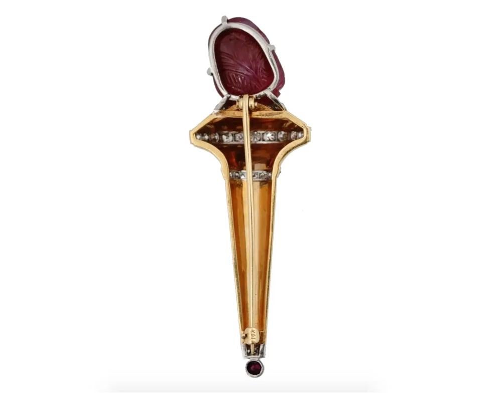 Round Cut 14K Gold Carved Ruby Diamonds Torch Figural Brooch For Sale