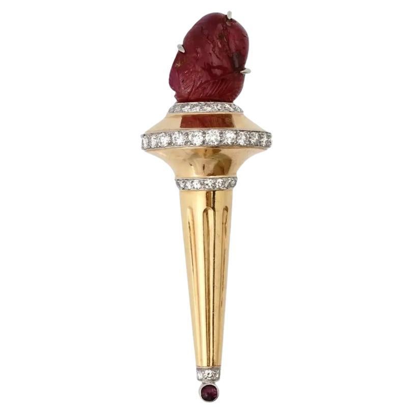 14K Gold Carved Ruby Diamonds Torch Figural Brooch For Sale