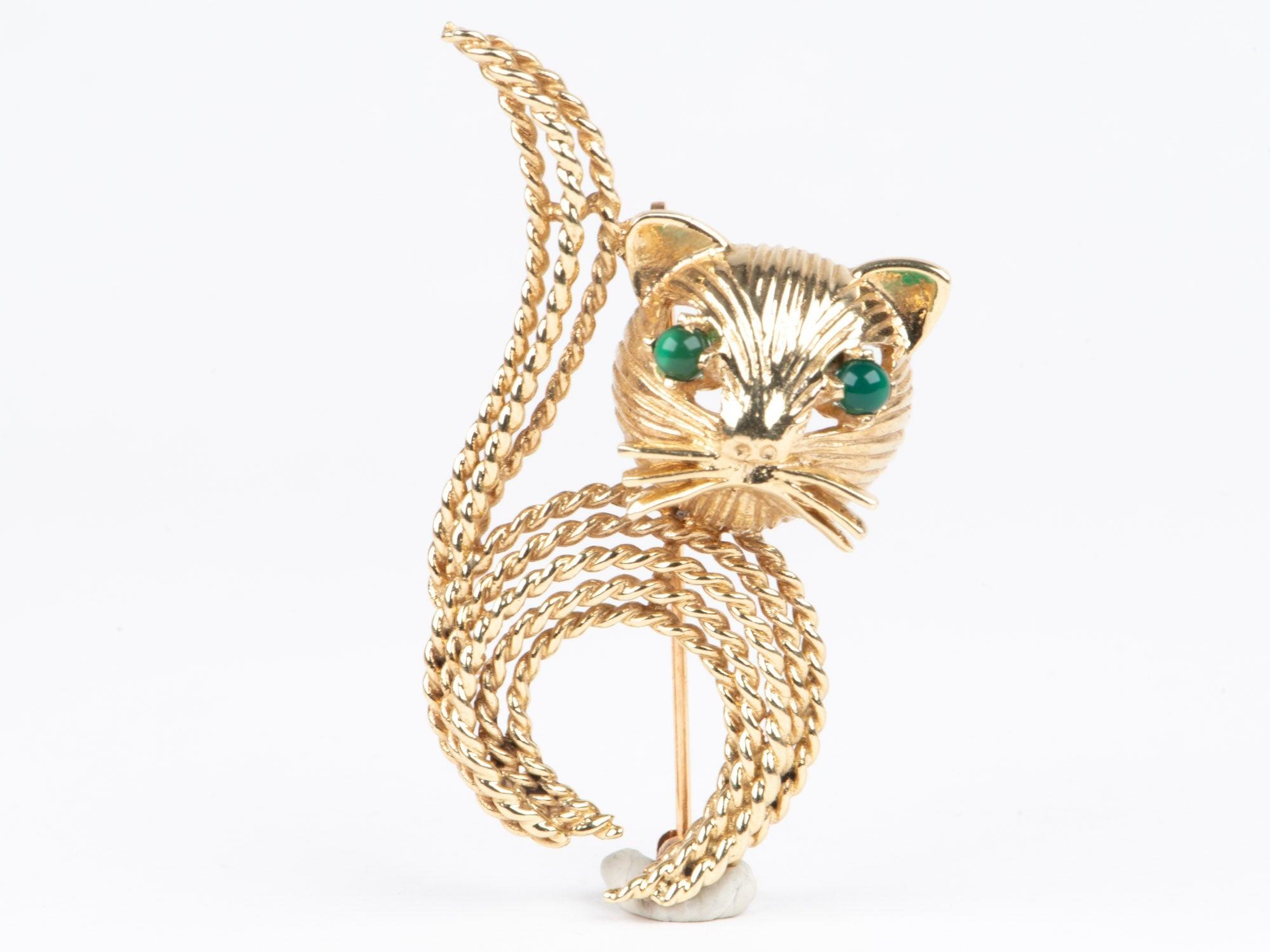 ♥ 14K Gold Cat Brooch with Green Onyx Eyes 8g+ for Animal Lovers Charming Unique Birthday Anniversary Holiday Present OOAK V1148
♥ The item measures 45.4mm in length (North South direction), 27.2mm in width (East West direction), and stands 5.9mm