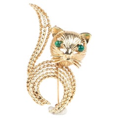 14K Gold Cat Brooch with Green Onyx Eyes 8g+ V1148