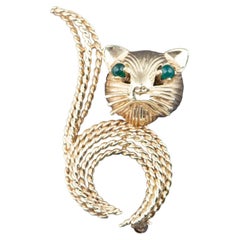 14K Gold Cat Brooch with Green Onyx Eyes 8g+ V1148