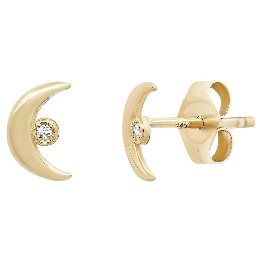 14K Gold "Celestial" Tiny Moon Diamond Stud Earrings with Diamonds For Sale