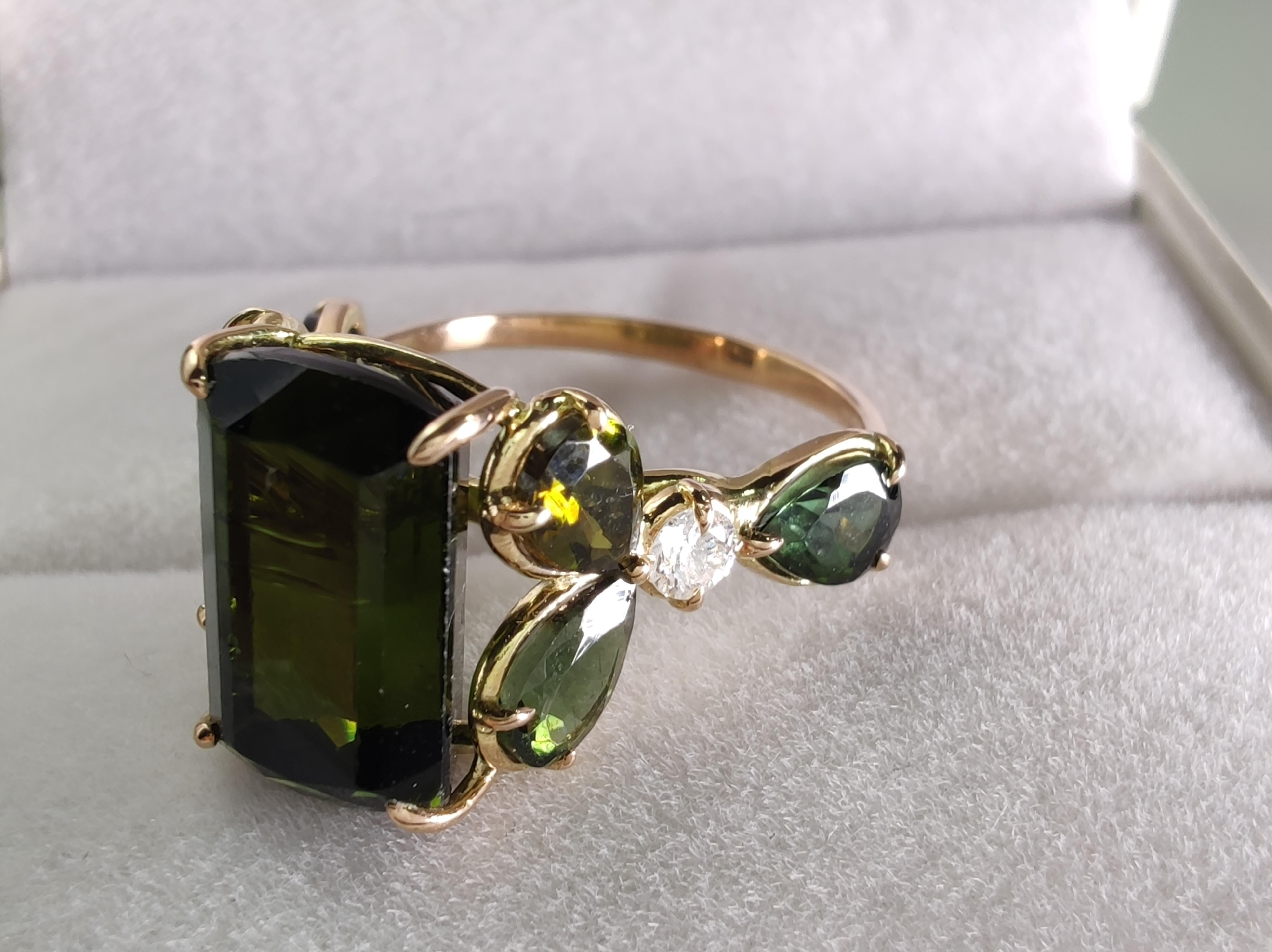 Emerald Cut 14K Gold Certified Green Tourmaline - Diamond Ring - Perfect Gift For Sale