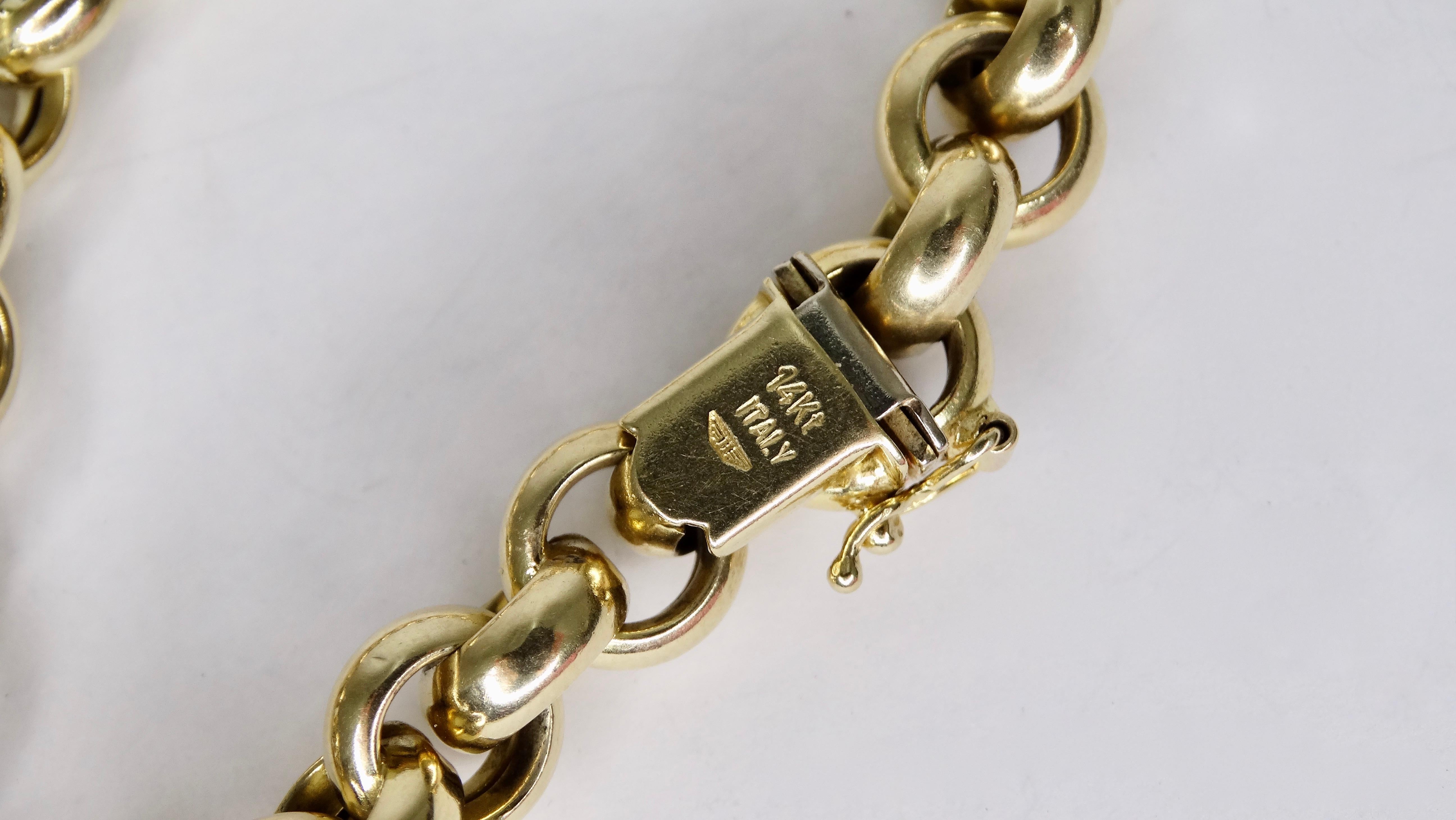 Add this late 20th century 14k Gold chain link bracelet to your stack. Tab closure stamped Italy 14k. 
Total weight is 18g. Perfect to pair with your favorite Cartier watch or Hermes bracelets! 6-7