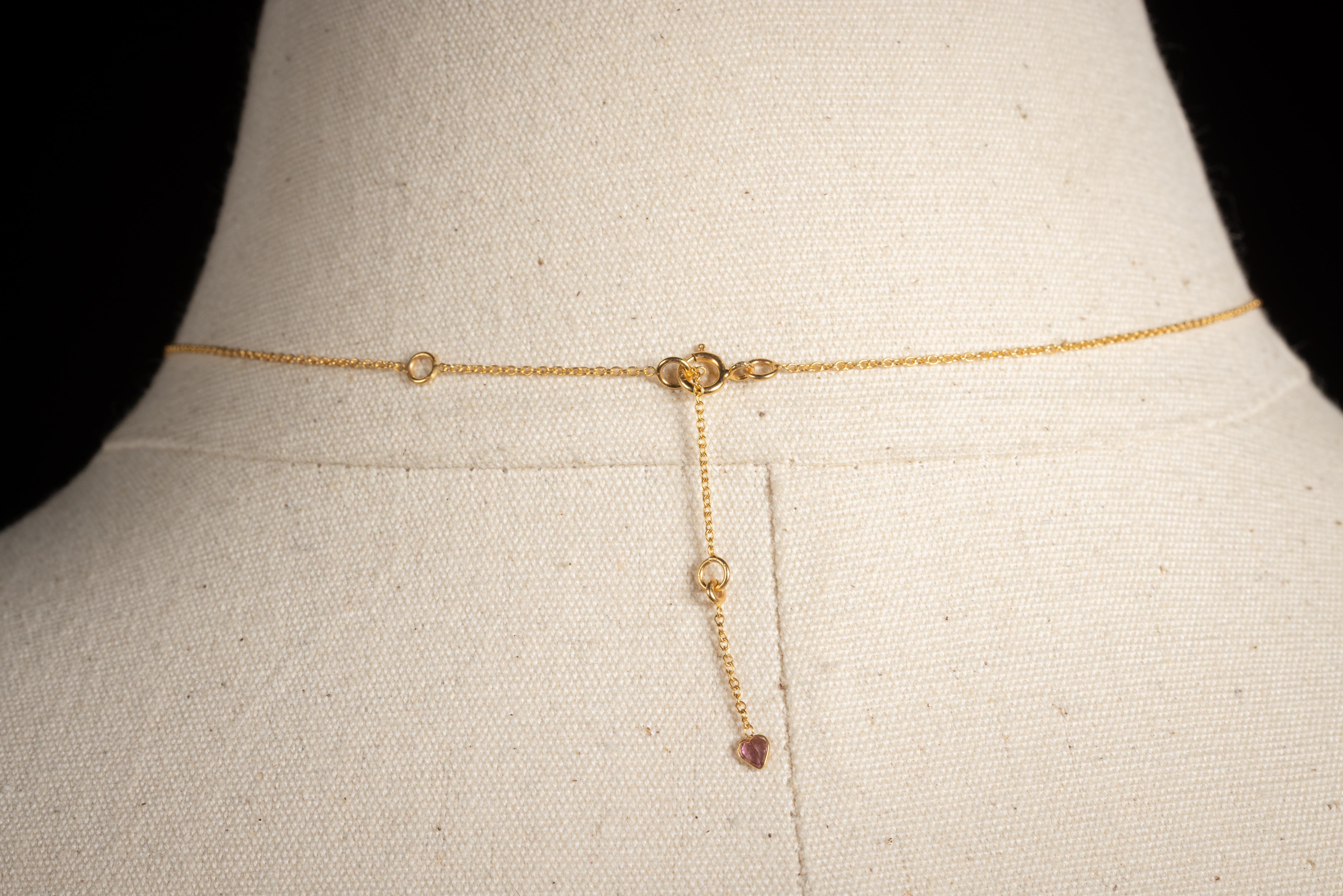 Cuore Collana a catena in oro 14K con diamanti e tormalina rosa al centro, regolabile in vendita