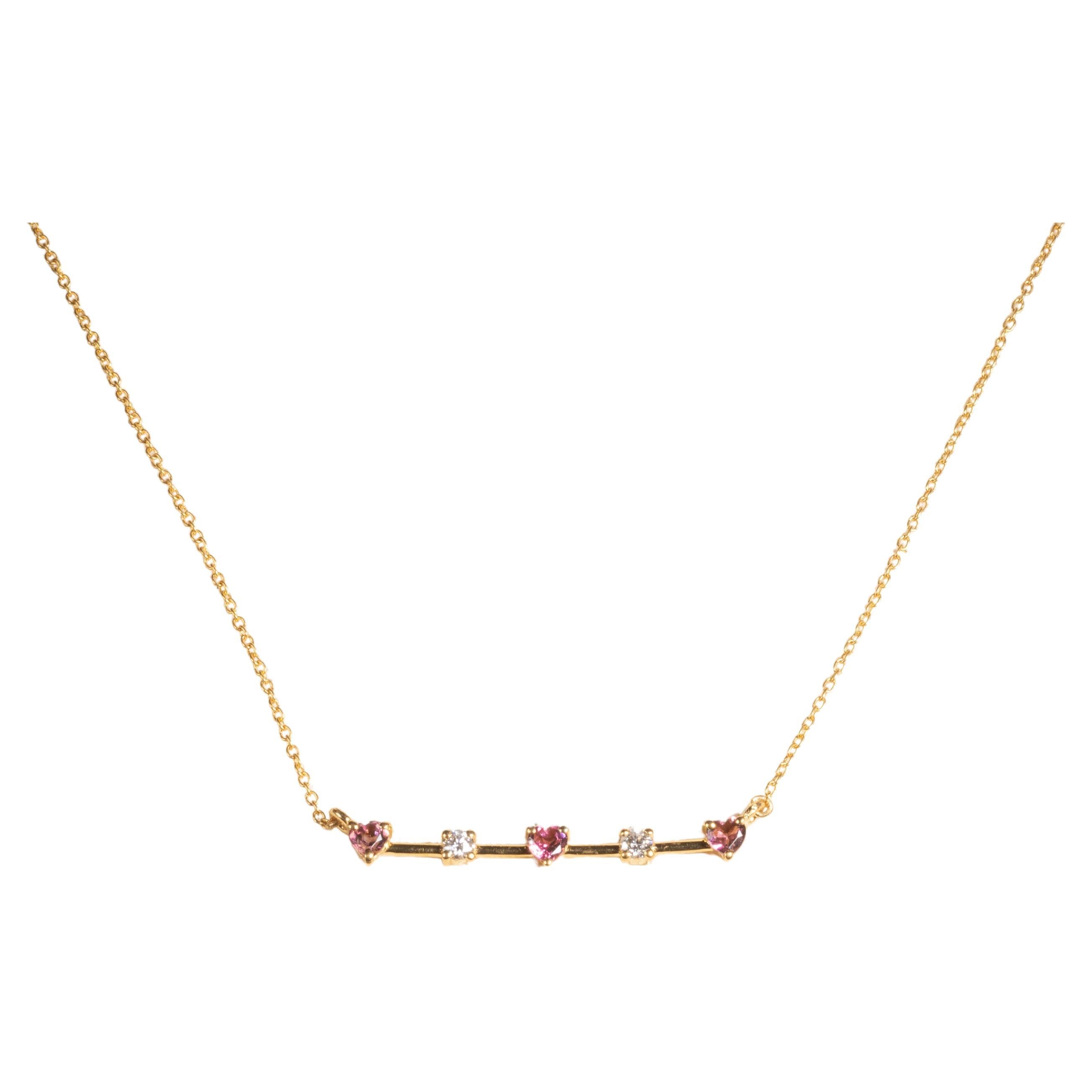 14K Gold Chain Necklace with Diamonds and Pink Tourmaline Center, Adjustable