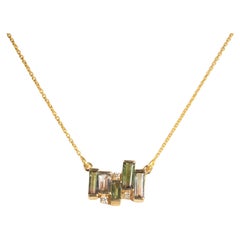 14K Goldkette Halskette mit grünem Turmalin- und Diamant-Anhänger