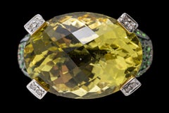 14k Gold Checkerboard Citrine, Tsavorite Garnet and Diamond Ring