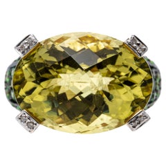 14k Gold Checkerboard Citrine, Tsavorite Garnet and Diamond Ring