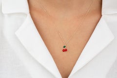 14K Gold Cherry Necklace, Enamel Fruit Necklace