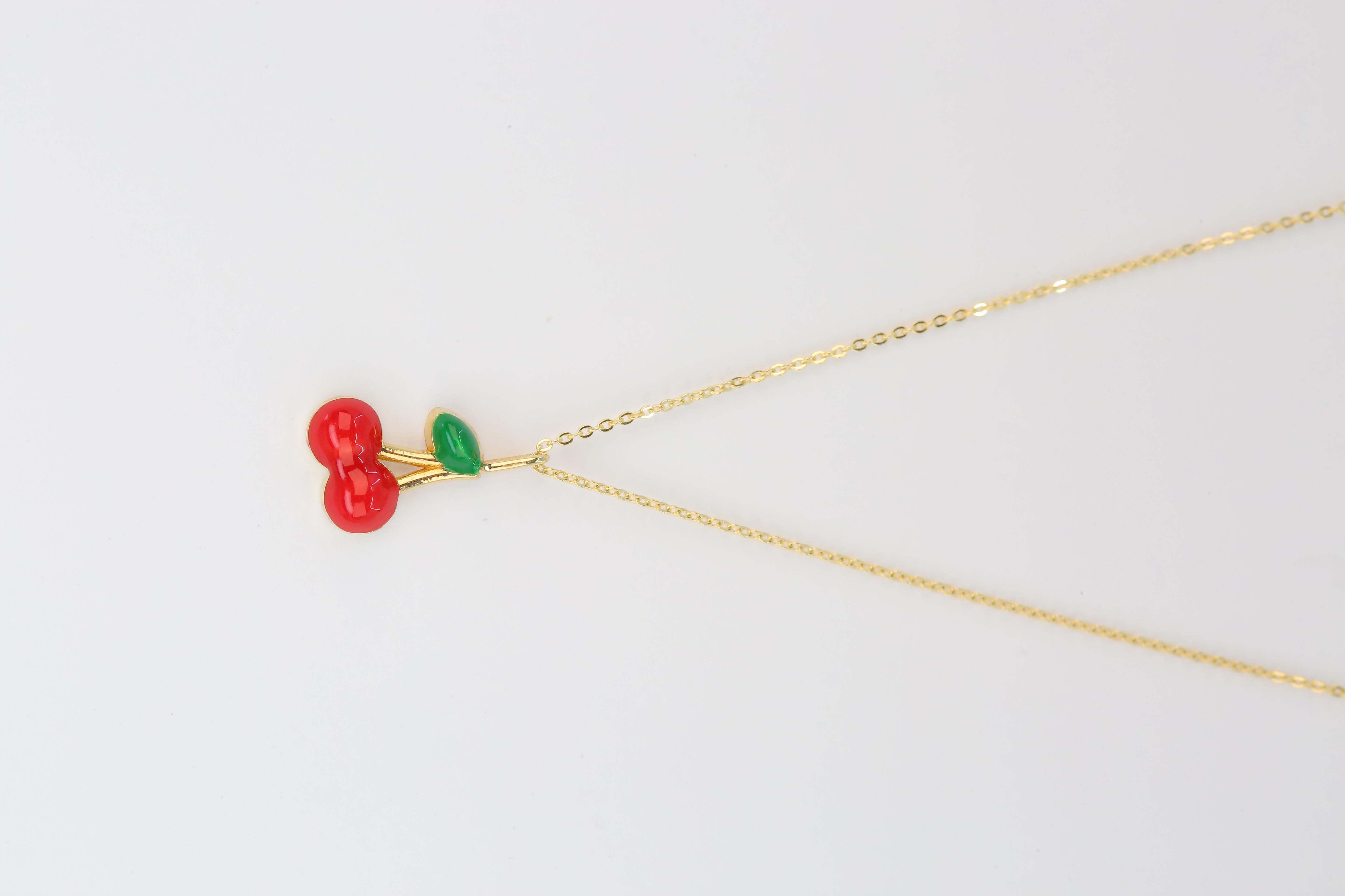 Kirschbaum-Halskette aus 18 Karat Gold, Emaille-Obst-Halskette für Damen oder Herren im Angebot