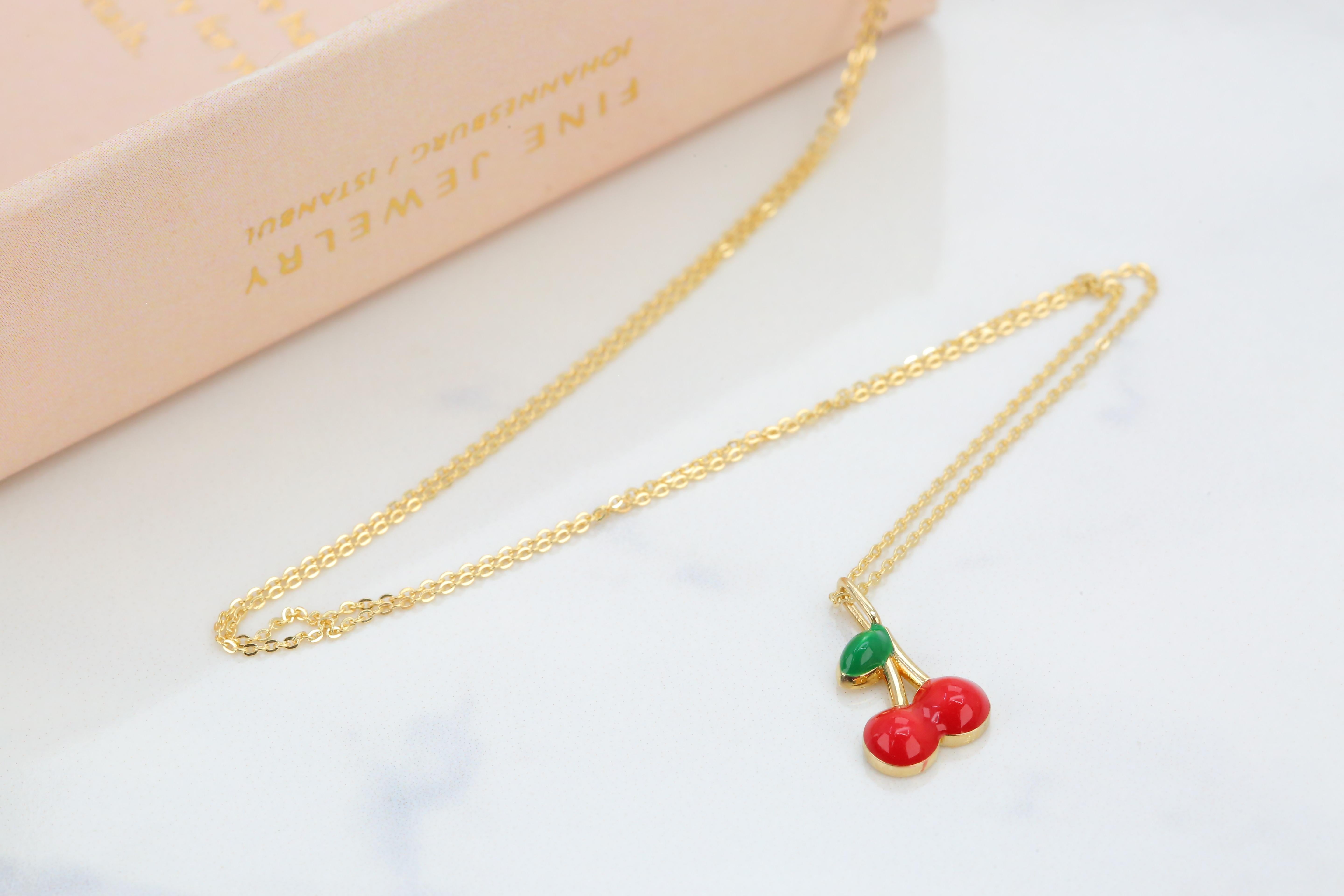 Modern 14K Gold Cherry Necklace, Enamel Fruit Necklace For Sale