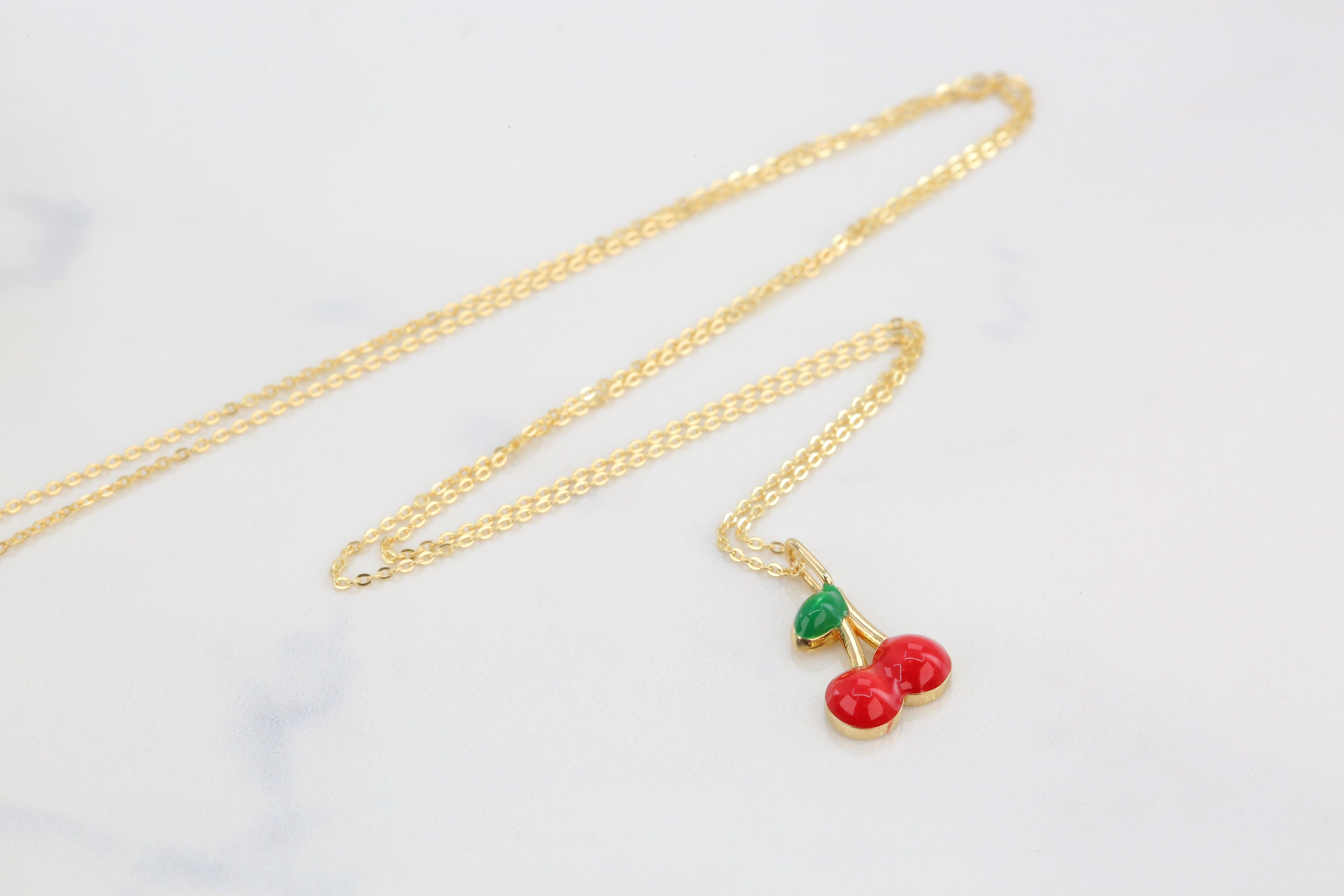 14K Gold Cherry Necklace, Enamel Fruit Necklace In New Condition For Sale In ISTANBUL, TR