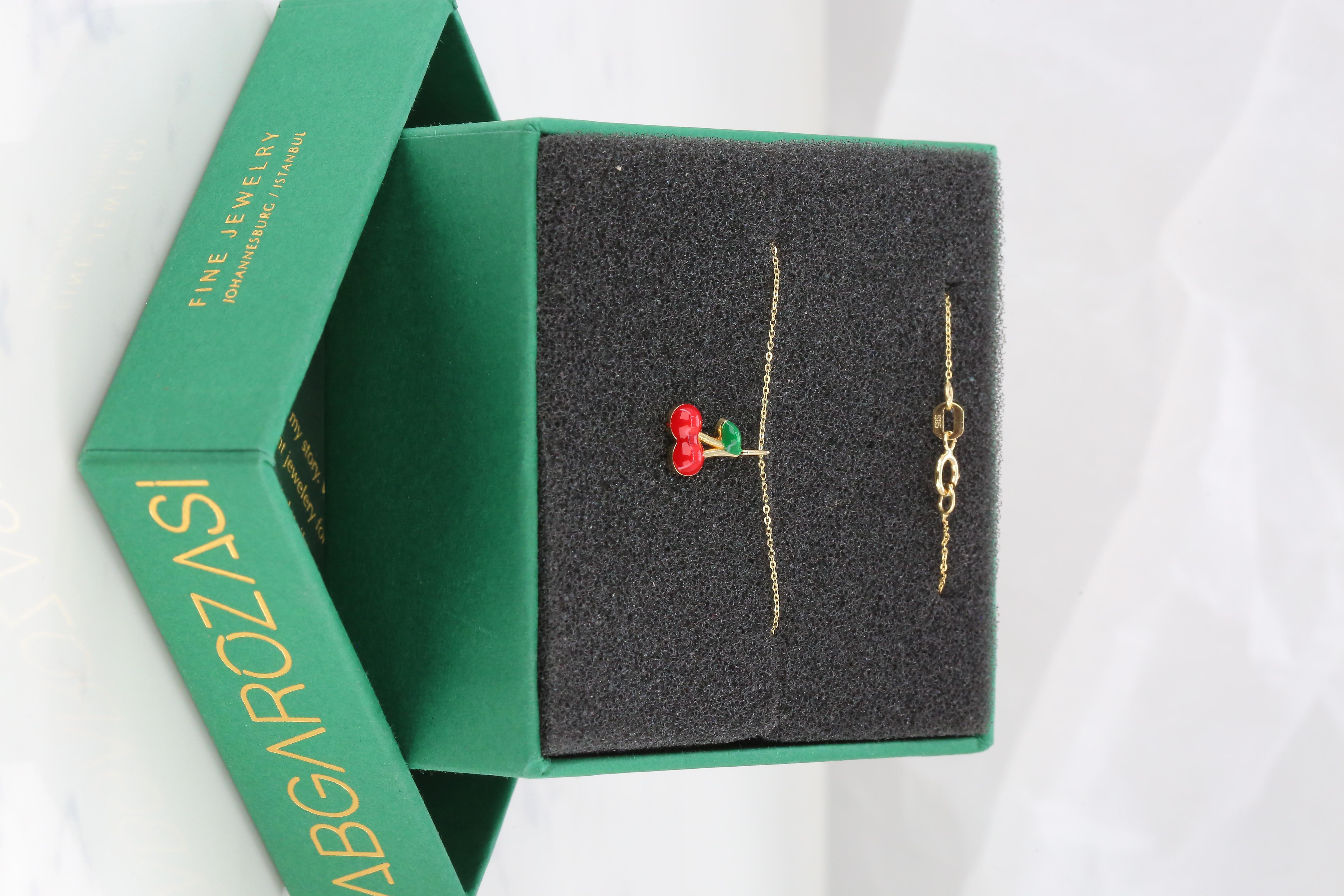 Women's or Men's 14K Gold Cherry Necklace, Enamel Fruit Necklace For Sale