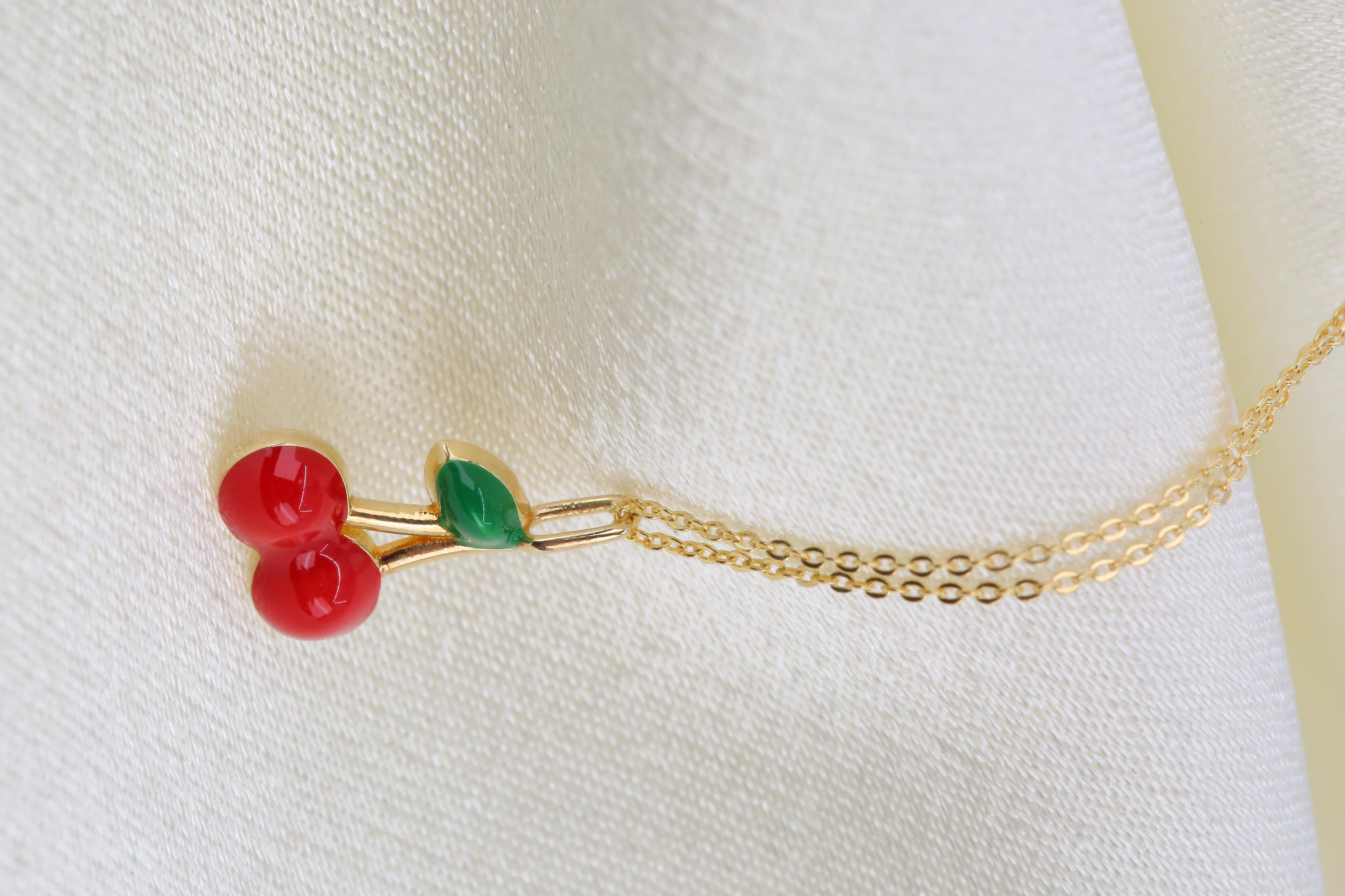 14K Gold Cherry Necklace, Enamel Fruit Necklace For Sale 1
