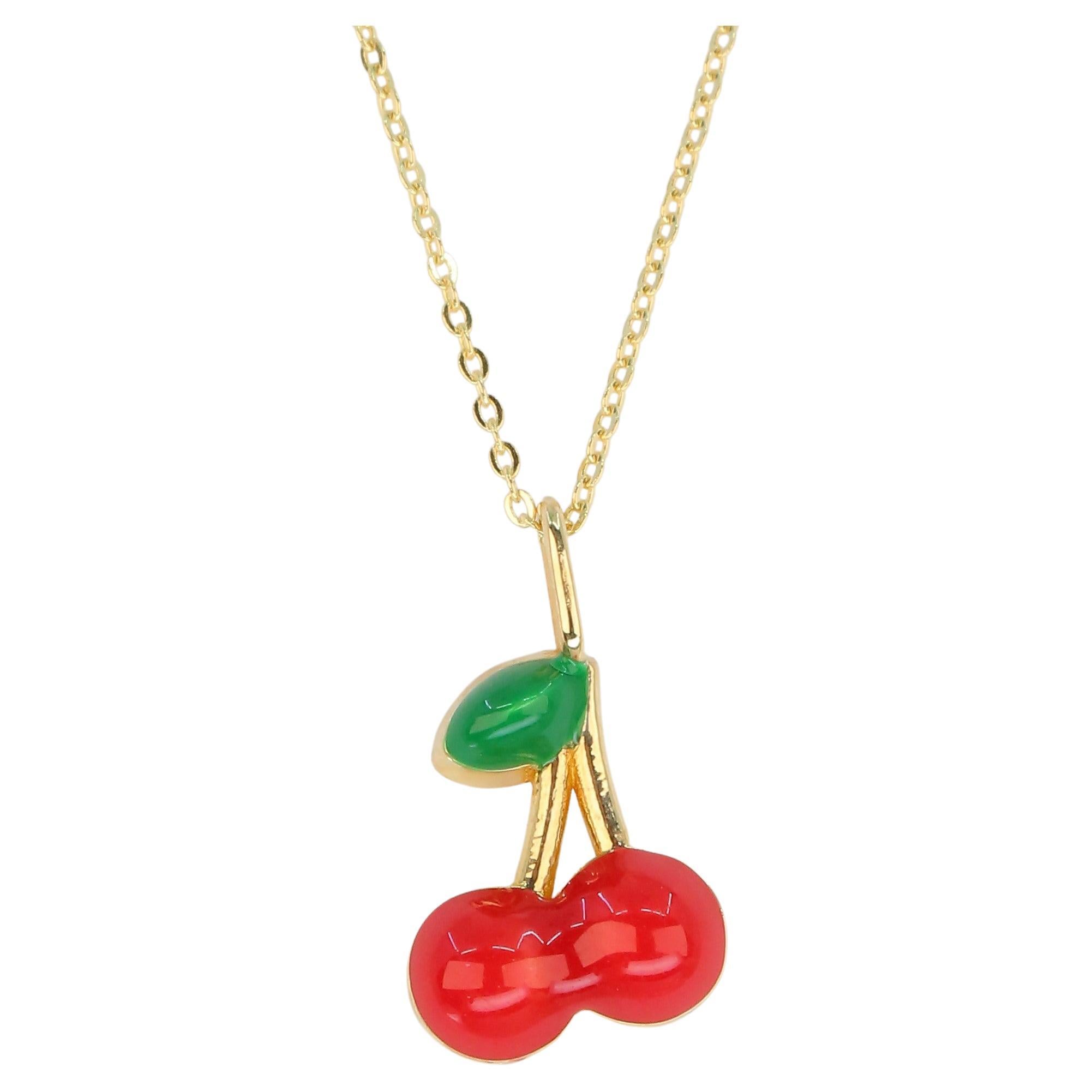 14K Gold Cherry Necklace, Enamel Fruit Necklace For Sale