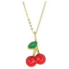 14K Gold Cherry Necklace, Enamel Fruit Necklace