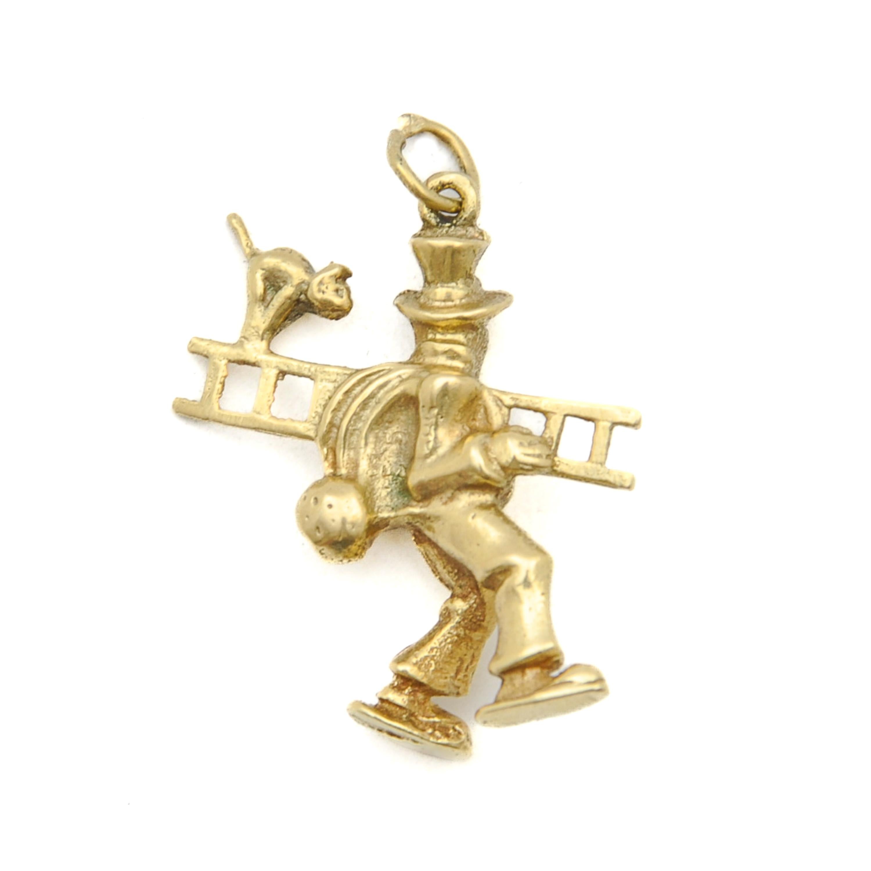 Women's or Men's Vintage 14K Gold Chimney Sweep and Cat Charm Pendant For Sale