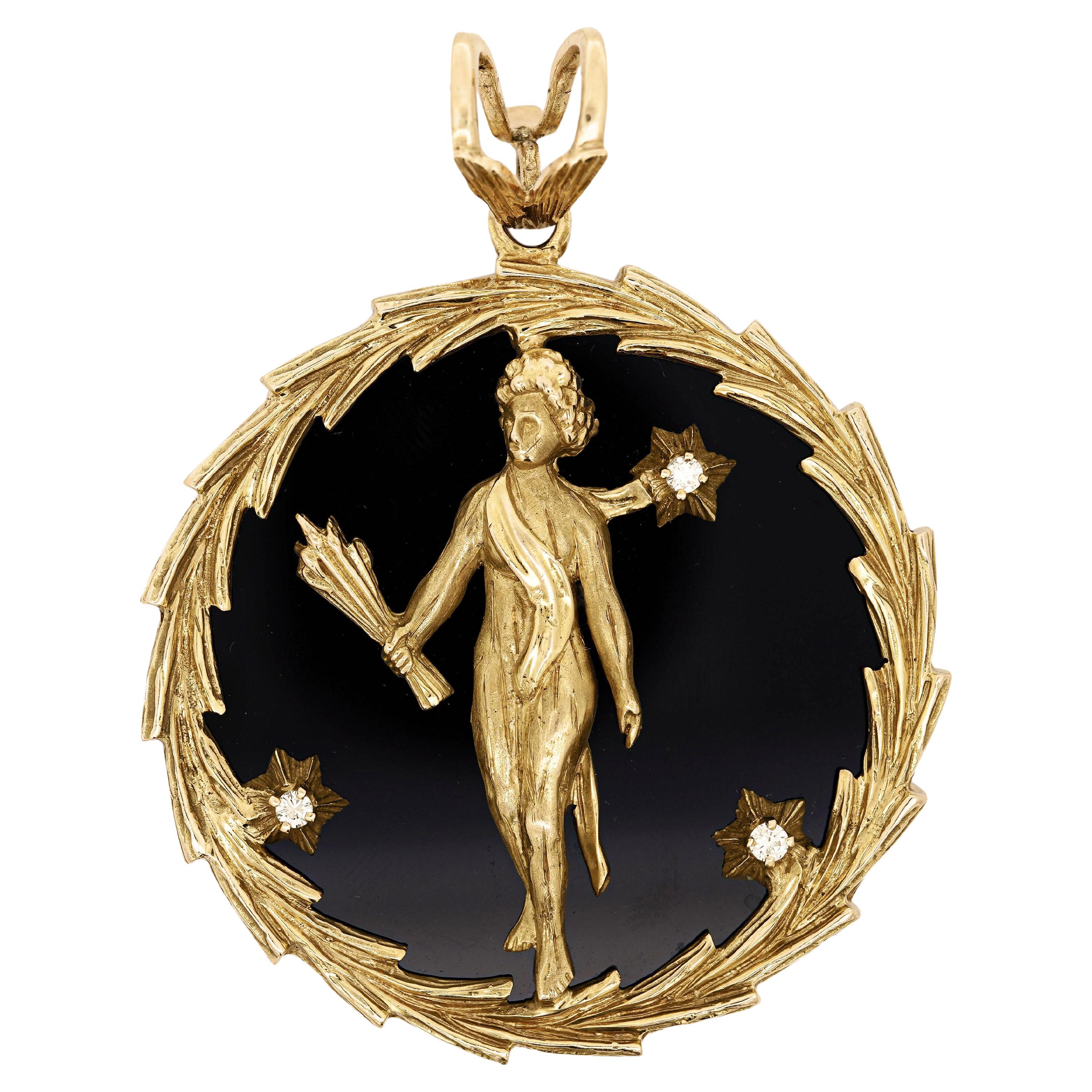 Ciondolo con medaglione cristiano "Cupido" e onice nera in oro 14K
