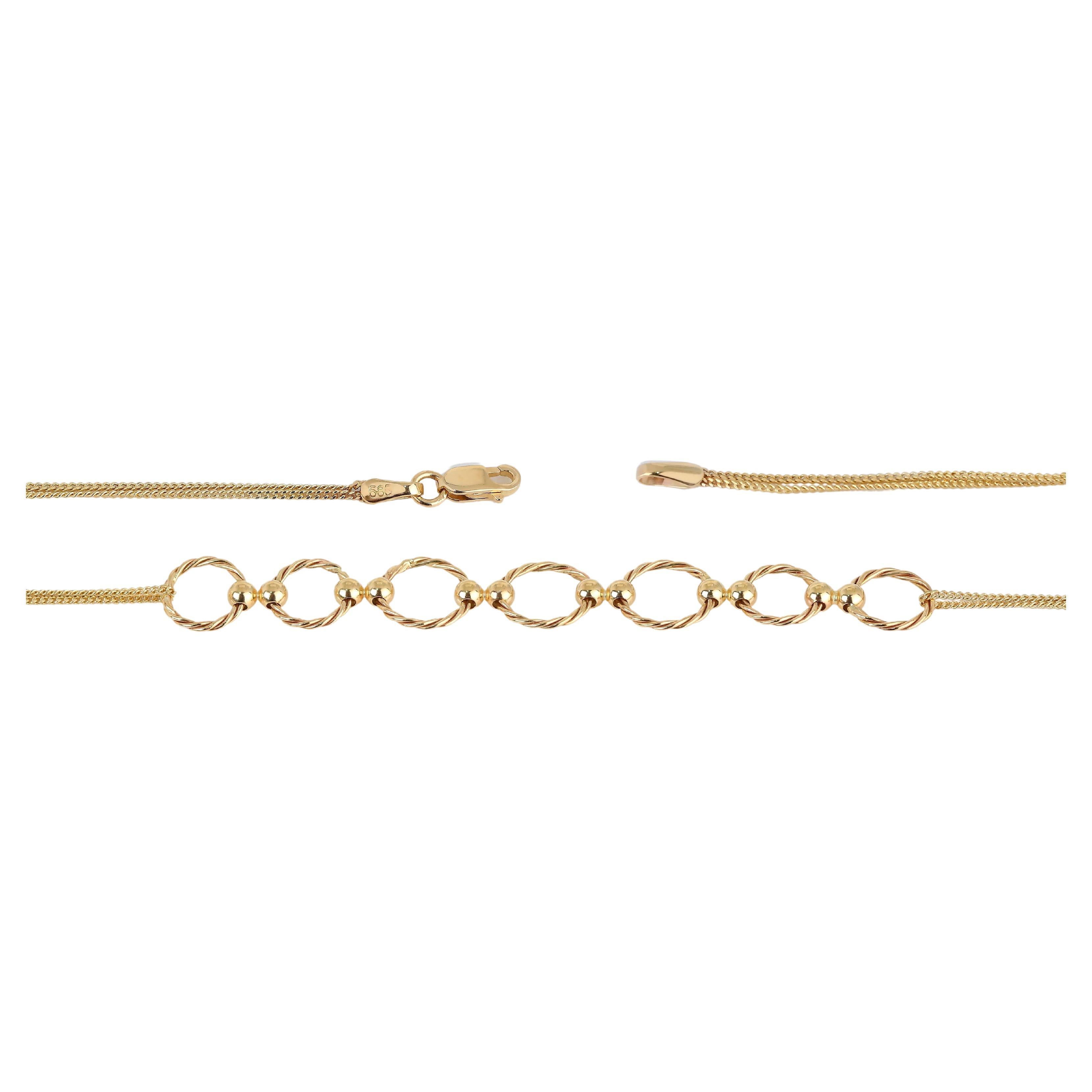 14K Gold Circle by Circle Charm Dainty Chain Bracelet For Sale