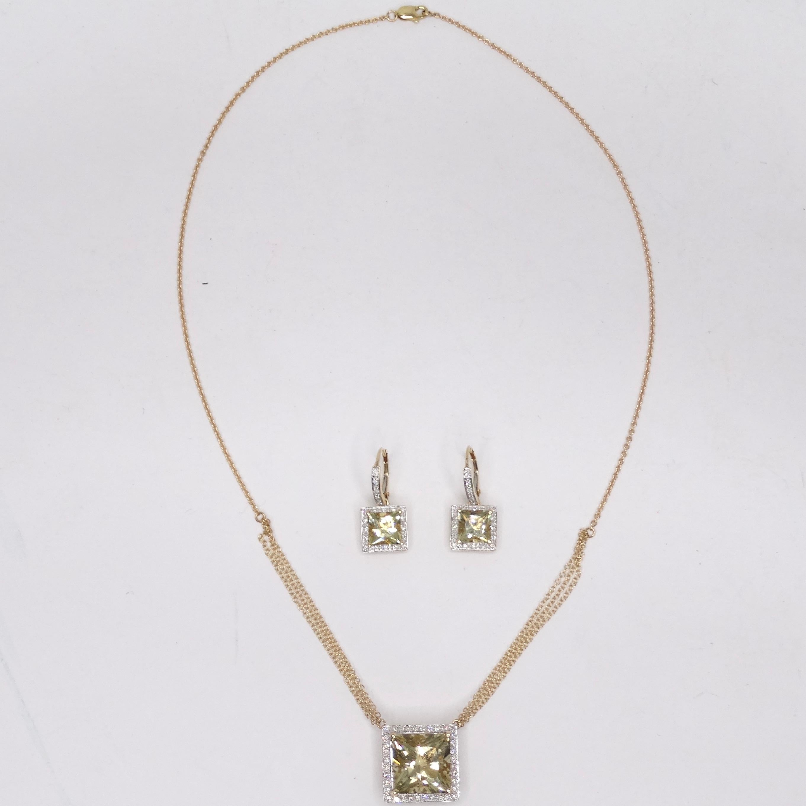 Square Cut 14K Gold Citrine Diamond Necklace and Earrings Set For Sale